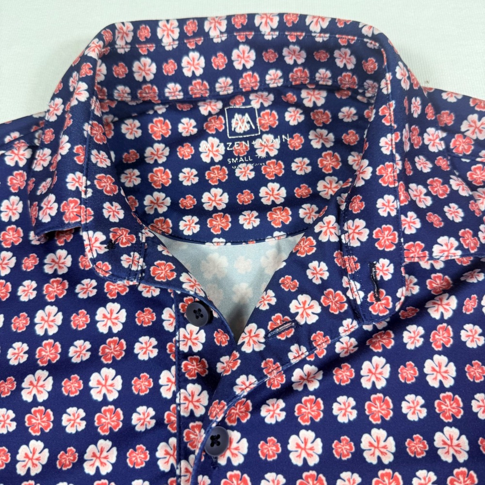 Mizzen + Main Polo Shirt S Navy Blue Floral Short Sleeve Trim Fit Performance - Picture 2 of 11